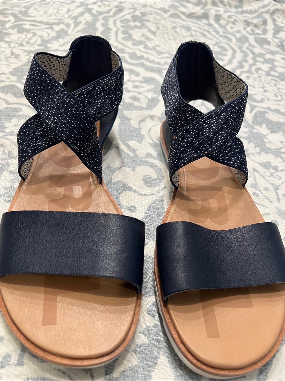 Sorel Navy Crisscross Strap Sandals with Tan Footbed